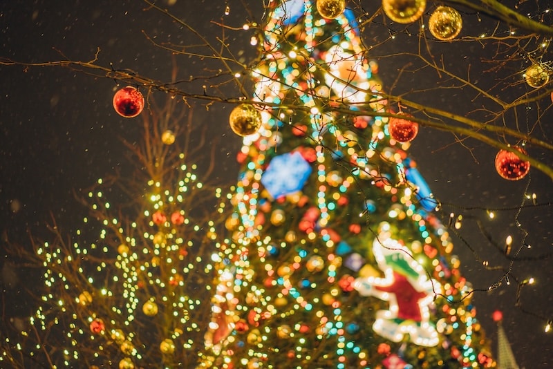 large christmas tree in a town center lit up at night