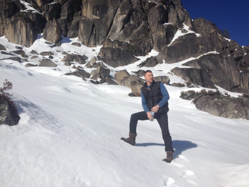 man hiking in the snow in North Lake Tahoe