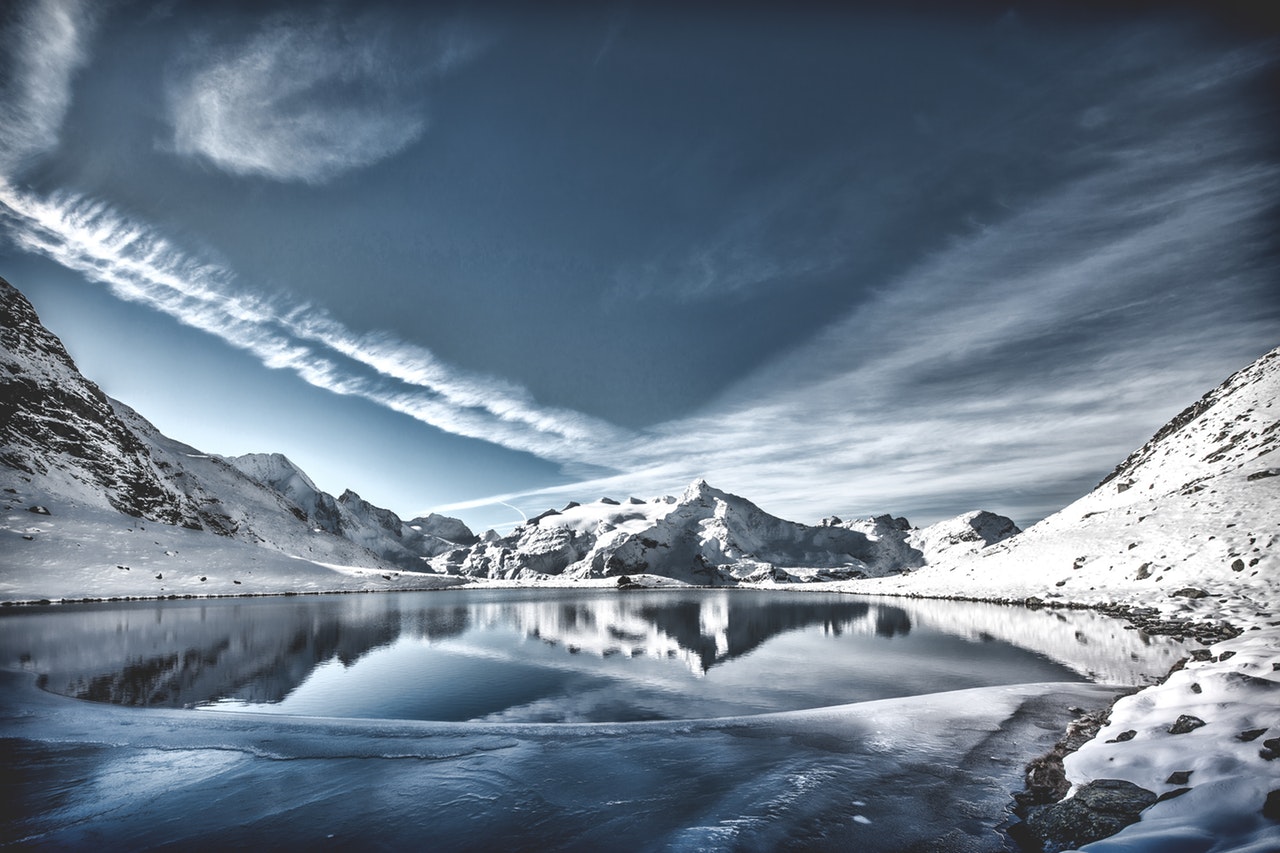 lake surrounded by snowy mountains