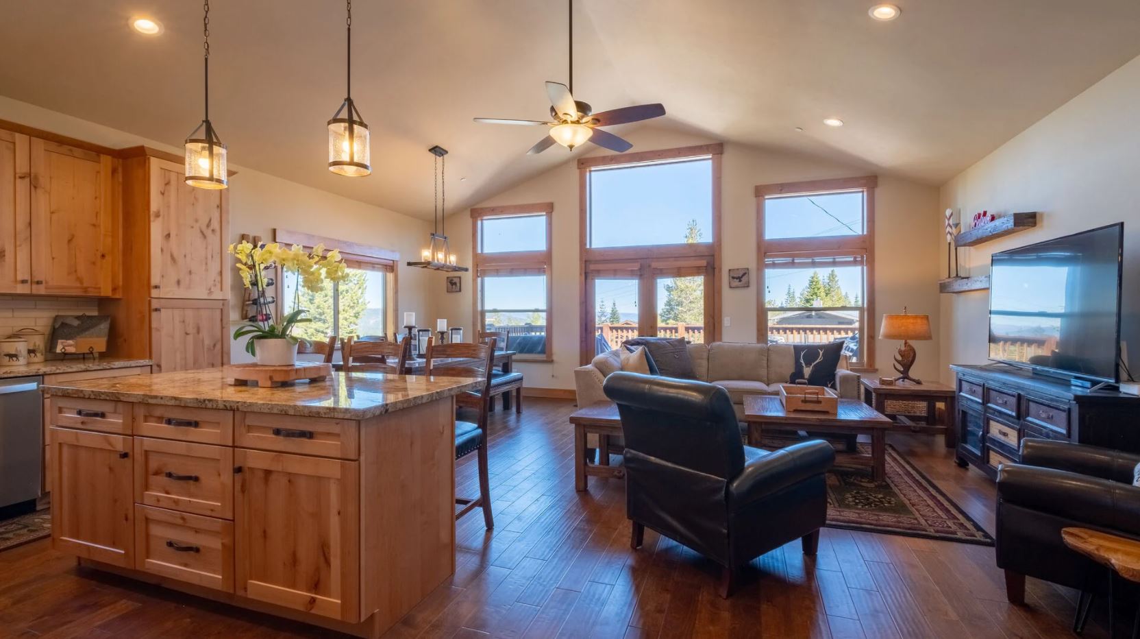 Living room and kitchen of one of our North Lake Tahoe Family Vacation Rentals