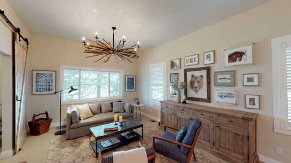 interior shot of a living room decorated in light colours and muted tones - high end - vacation rental in North Lake Tahoe