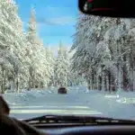 driving in the winter on a snow covered road with heavily snow covered trees on either side of the road - truckee north lake tahoe
