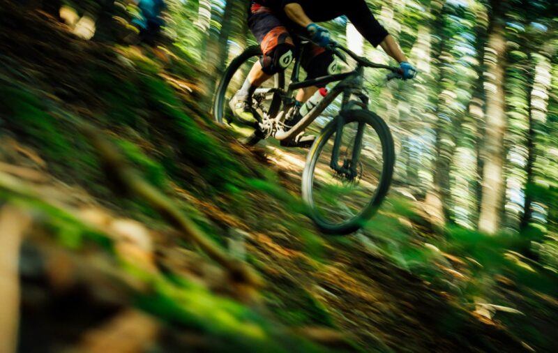 mountain bike going downhill through the forest - summer events - race