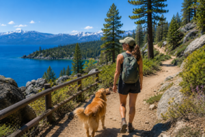 woman with her dog hiking in North Lake Tahoe