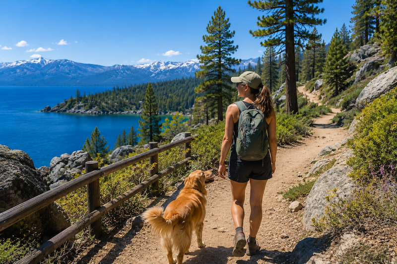 woman with her dog hiking in North Lake Tahoe