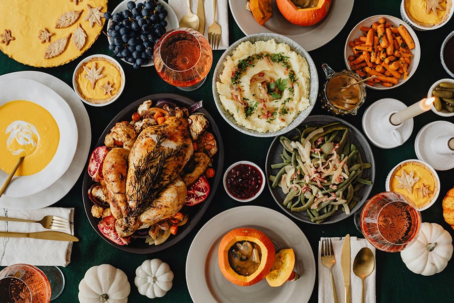 top view of a full thanksgiving dinner