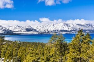 View towards Lake Tahoe on a sunny clear day; the snow covered Sierra mountains in the background; evergreen forests in the foreground