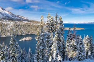 The Lake Tahoe, panorama of the Emerald Bay in winter, sunny day