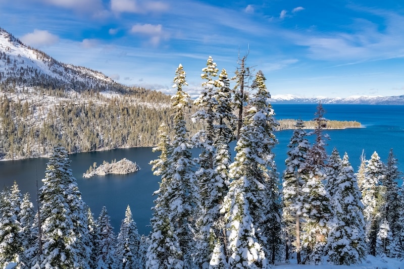 The Lake Tahoe, panorama of the Emerald Bay in winter, sunny day